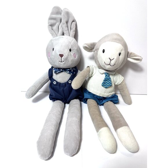 Spark Create Imagine Rabbit & Lamb Plush Rattle Bowtie Gray Blue Lot of 2 - Picture 1 of 14